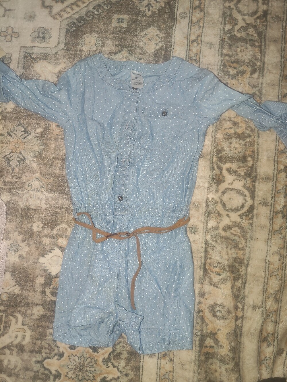 Carter's Light Blue Polka Dot Button Romper with Brown Belt